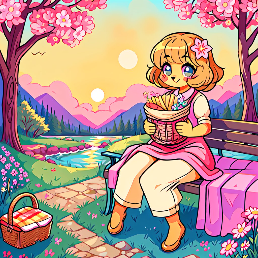 Solo_female,1930s (style), kawaii, outdoor, high_resolution, digital_art,|,a flowery field on a cool summer afternoon next to a brook| old blankets, bench, picnic, ruck_sack, basket, sack|,vectorstyle