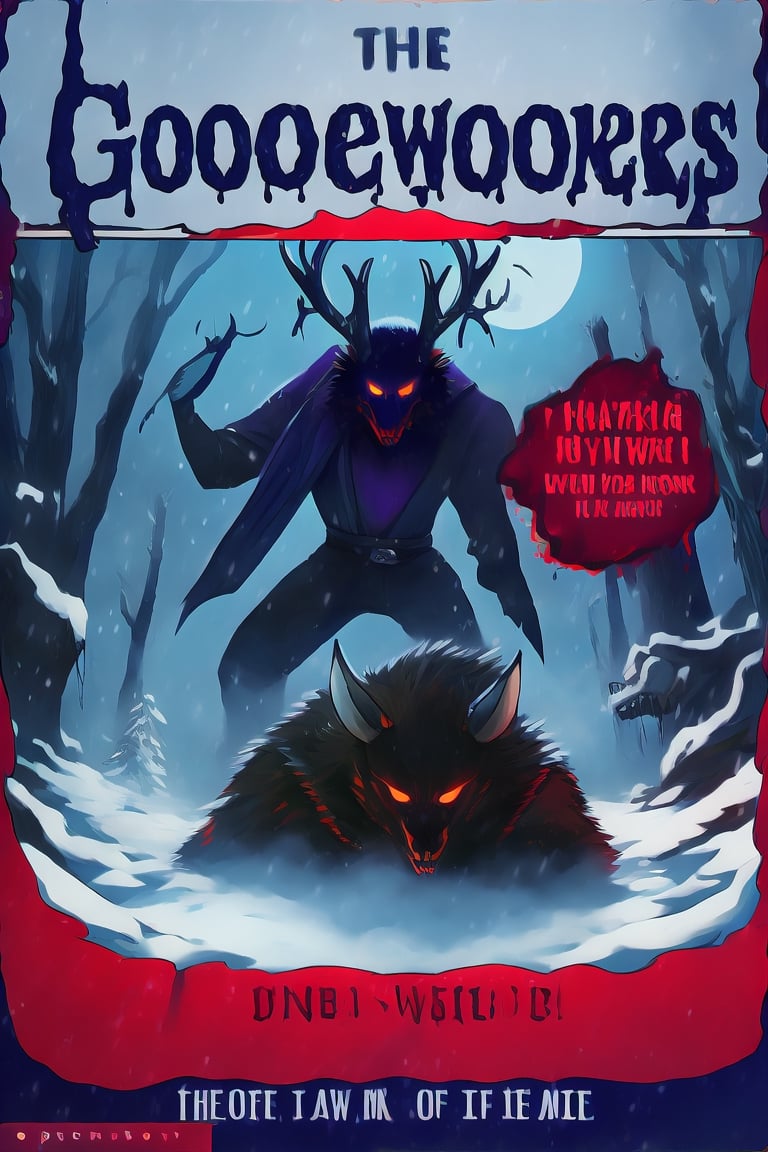 Create a captivating and whimsical 1950s movie poster for a 1920s juvenile horror/humor novel titled "The Howl of the Wendigo," part of the series "The Wolves of Blood Creek" by J.R. Ghostwood.

Key Elements:

Setting: A snowy landscape with a hint of eerie moonlight, conveying the chilling winter atmosphere.

Characters: Include the main characters, Sagie, Lavie, and Birdie, standing united against the backdrop of the menacing Wendigo's eyes in the storm.

Wolves: Showcase the Blood Creek wolves, emphasizing their pack dynamic and unique personalities.

Humor and Horror: Infuse a balance of humor and horror elements to reflect the book's dual genre, perhaps through the expressions and interactions of the characters.

Title and Series: Clearly highlight "The Howl of the Wendigo" as the title, and "The Wolves of Blood Creek" as the series, with the author's name, J.R. Ghostwood.

Feel free to play with color schemes, lighting effects, and visual elements that resonate with a juvenile horror/humor theme