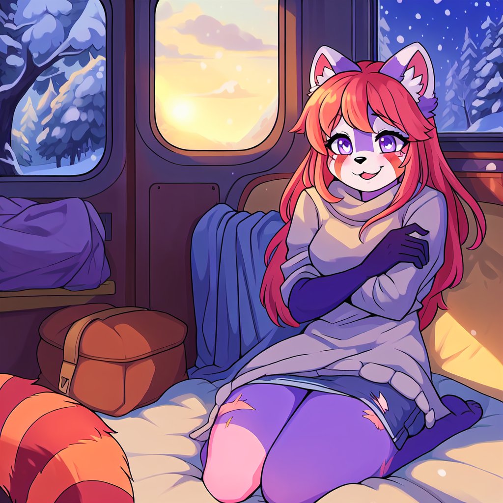 1930s (style), kawaii, inside a peaceful and relaxing  old abandoned train car with the soft winter sun shinning softy through the front windows, red_panda, long_lavender_hair, sapphire_eyes, anthromorph, high_resolution, digital_art, cute_fang, bed_head, curvy_figure, body scars, female, indoors, blue_fur, boho_dress, streaked_hair, sleepy, hugging_knees, happy_face, cute_fang, cute, sleeping, ripped_clothing, poor, winter_clothes, sack, gloves, old blankets, teenager