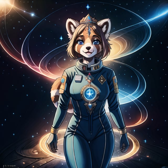 Galali, a male kawaii furry suit of a red panda golden retriever hybrid with glowing celestial constellation markings fully body portray wearing a bohemian space suit, with Sami symbolism embroidered on his shirt, surrounded by the dieselpunk space station orbiting Uranus, complex lighting and shadows, Cute and fluffy, Brass jewelry, shiny, sunlight fractal details, depth of field, detailed gorgeous face, Sci-Fi environment, natural body posture, professional photographer, captured with professional DSLR camera, 64k, ultra-detailed, ultra-accurate detailed, bokeh lighting, surrealism, ultra unreal engine, intricate, epic,fantasy_princess,Circle