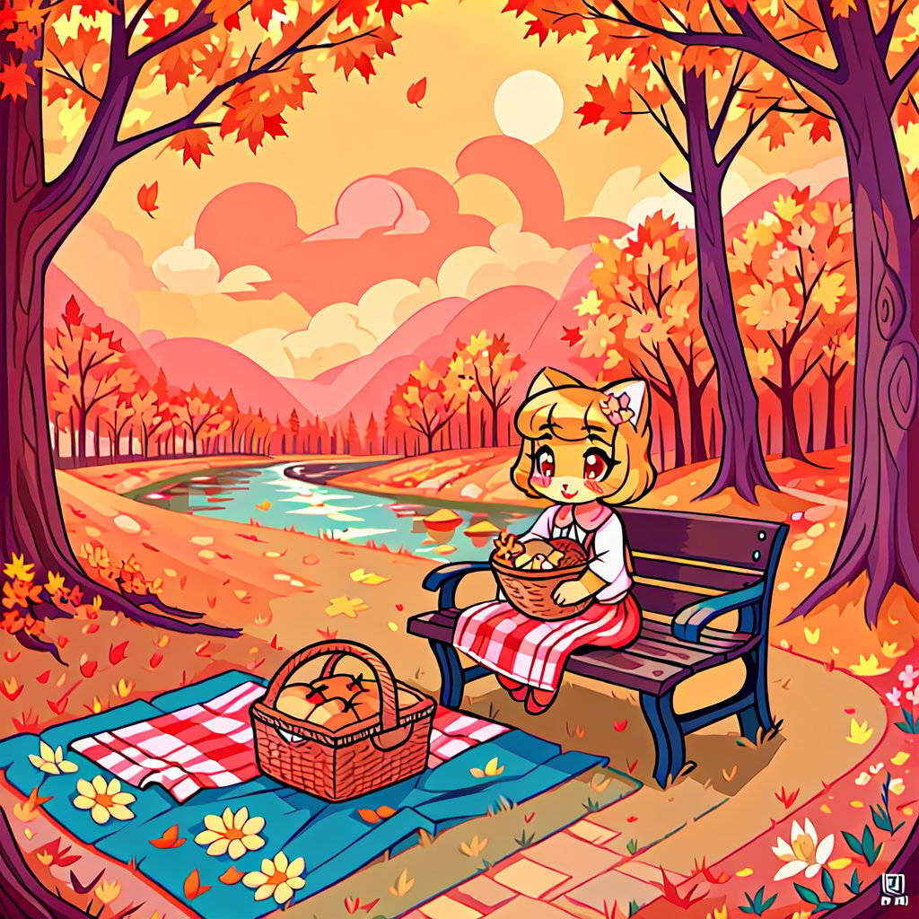 Solo_female,1930s (style), kawaii, outdoor, high_resolution, digital_art,|,a flowery field on a cool autumn afternoon next to a brook| old blankets, bench, picnic, ruck_sack, basket, sack|,vectorstyle