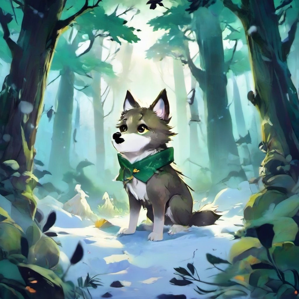 (masterpiece, best quality, ultra-detailed, 8K) A small, trembling wolf pup with shaggy fur the color of sage green, lost in a foggy and haunted forest. Its eyes dart around nervously, searching for a way out. SuddeaA small, trembling wolf pup with shaggy fur the color of sage green, lost in a foggy and haunted snow-covered forest. Its eyes dart around nervously, searching for a way out. Suddenly, it spots a graveyard in the distance, sending shivers down its spine. The pup clutches onto its old, tattered green neck bandana for comfort, but it knows it's in for a spooky adventure. only, it spots a graveyard in the distance, sending shivers down its spine. The pup clutches onto its old, tattered green neck bandana for comfort, but it knows it's in for a spooky adventure.,photo r3al,Land Of Boo