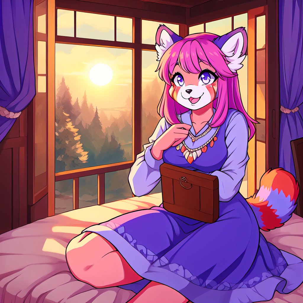 1930s (style), kawaii, inside a peaceful and relaxing old rail road dinner wth the soft winter sun shinning softy through the front windows,|,red_panda, long_lavender_hair, sapphire_eyes, anthromorph, high_resolution, digital_art, cute_fang, bed_head, curvy_figure, body scars, female, indoors, blue_fur, boho_dress, streaked_hair, happy_face, cute_fang,cute