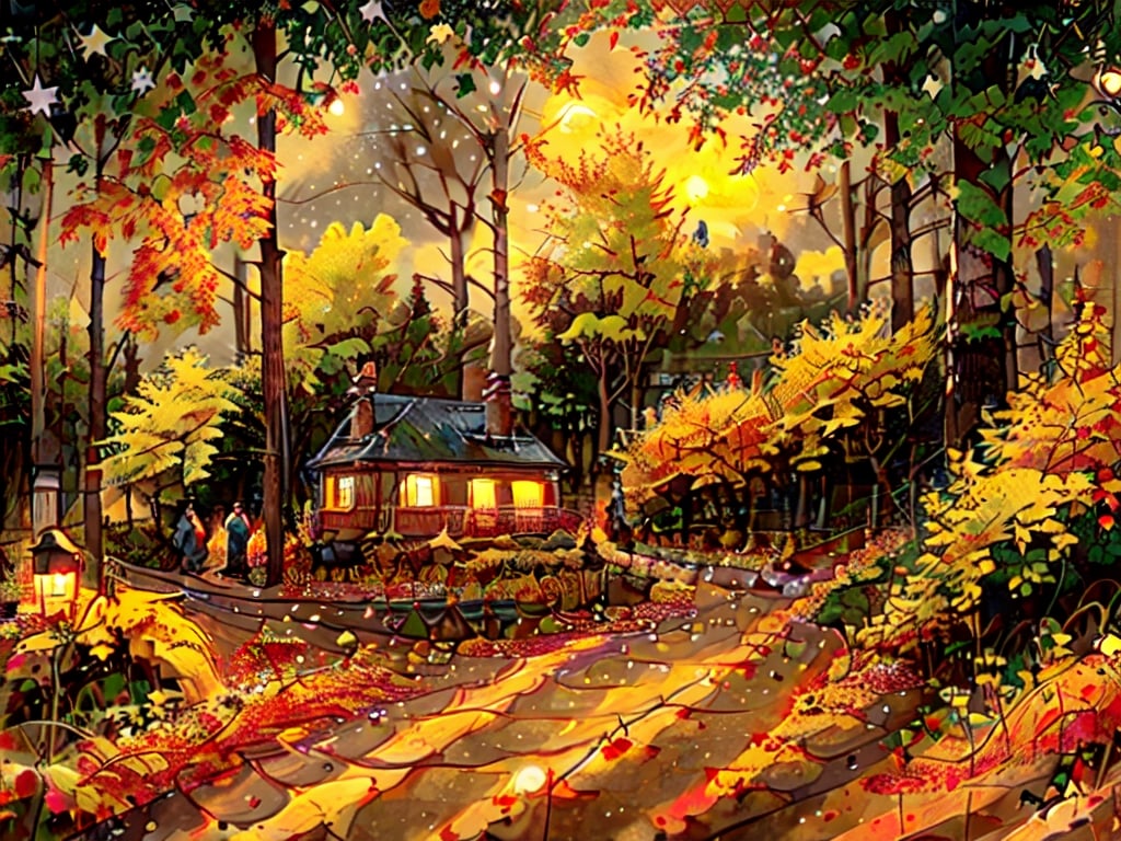 1930s (style),a cabins;s surrounded by fall maple trees on a star-filled  night Sketch, autumn_leaves, star_(sky),Lofi,LOFI,cassdawnlvl1,day,EpicArt