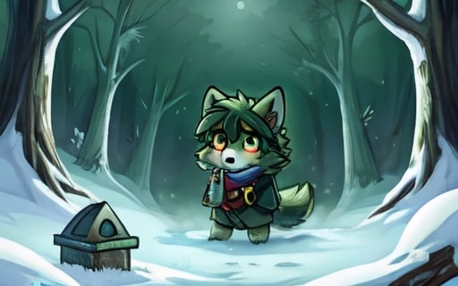 Masterpiece, A small, trembling wolf pup with shaggy fur the color of sage green, lost in a foggy and haunted snow covered forest. Its eyes dart around nervously, searching for a way out. Suddenly, it spots a graveyard in the distance, sending shivers down its spine. The pup clutches onto its old, tattered green neck bandana for comfort, but it knows it's in for a spooky adventure.,chibi,DonMCr33pyN1ghtm4r3 