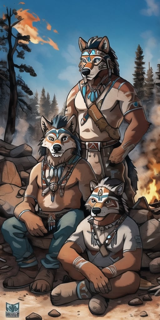 A pack of male and female wolves sitting around a fire in an abandoned mining town surrounded by evergreens, with native American markings, indian art, non-furry,ppcp
