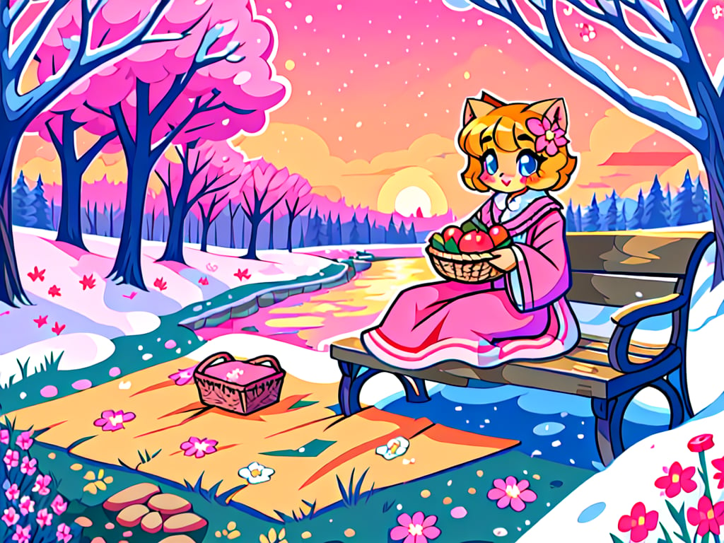 Solo_female,1930s (style), kawaii, outdoor, high_resolution, digital_art,|,a flowery field on a cold winter afternoon next to a brook| old blankets, bench, picnic, ruck_sack, basket, sack|,vectorstyle