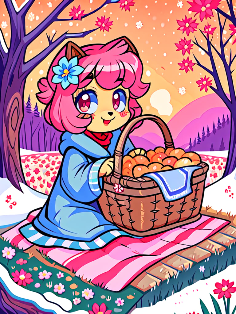 Solo_female,1930s (style), kawaii, outdoor, high_resolution, digital_art,|,a flowery field on a cold winter afternoon next to a brook| old blankets, bench, picnic, ruck_sack, basket, sack|,vectorstyle