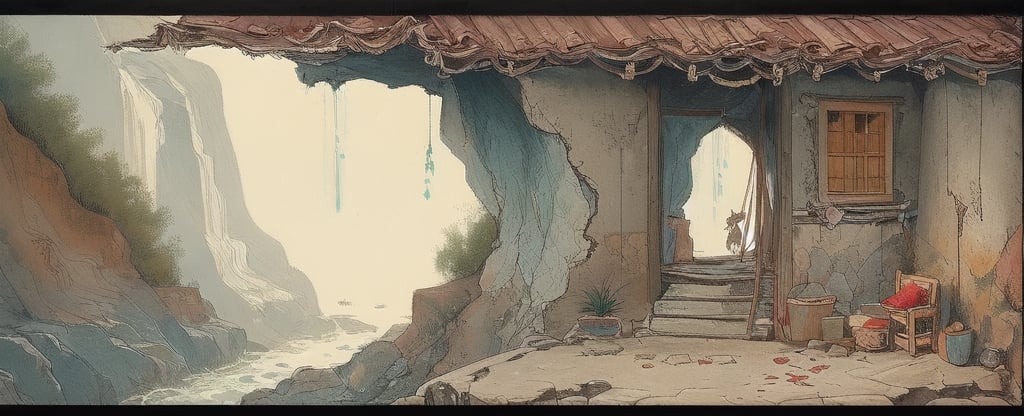 The Happy Bones Orphanage, a two-story Shotgun house with peeling paint and shattered windows, perched on the edge of a rugged canyon overlooking a cascading waterfall, kawaii, 1930s (style),isometric,ChineseWatercolorPainting,oil painting