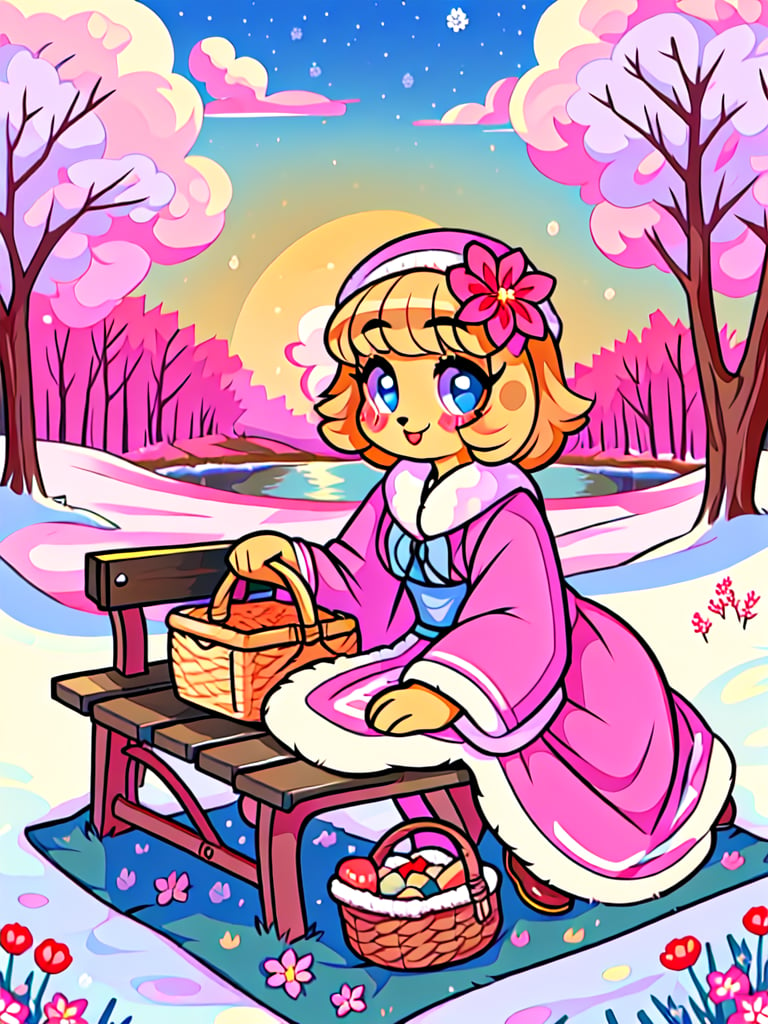 Solo_female,1930s (style), kawaii, outdoor, high_resolution, digital_art,|,a flowery field on a cold winter afternoon next to a brook| old blankets, bench, picnic, ruck_sack, basket, sack|,vectorstyle