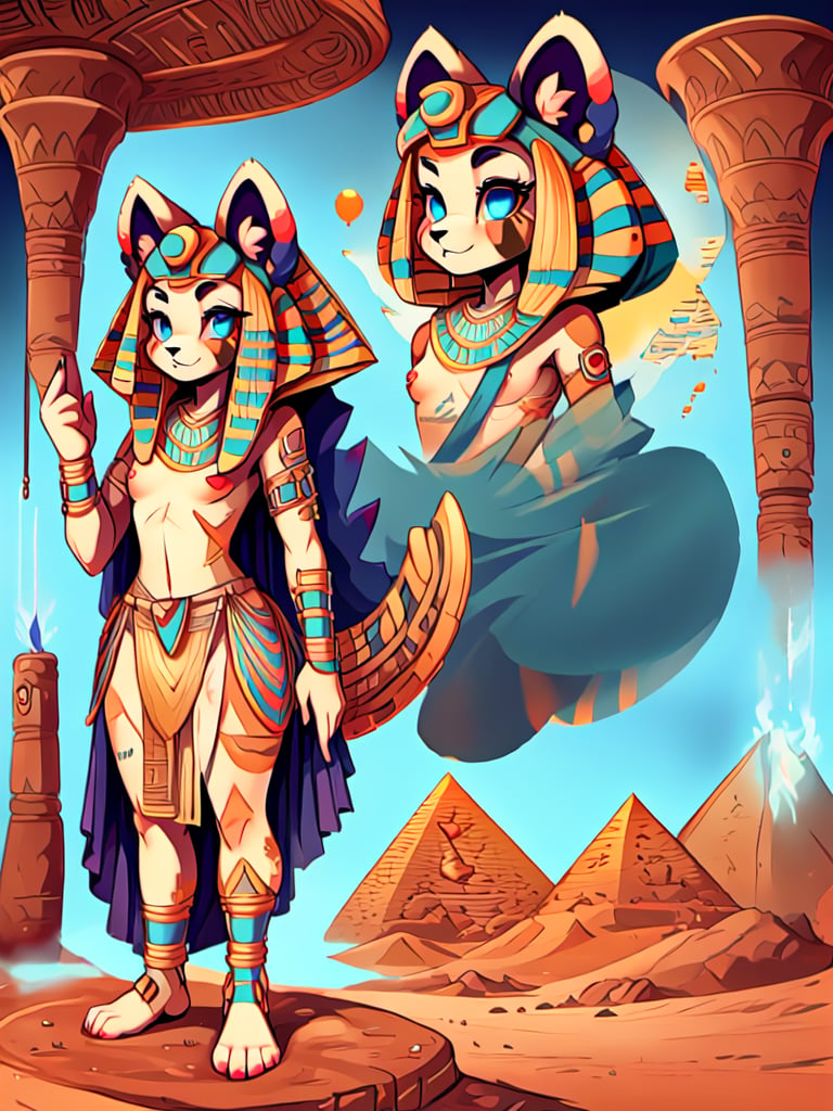 1930s (style), kawaii,  red_panda, ancient_egyptian, lavender_hair, blue_eyes, anthromorph, high_resolution, digital_art, cute_fang, golden_jewelry, messy_hair, curvy_figure, body scars, female, indoors, Red_fur, chest_fluff, relaxing, fore_paws, loin_cloth,Building_Egyptian, tunic, foot-pads, (multiple views, full body, upper body, reference sheet:1), back view, front view,Cyber_Egypt