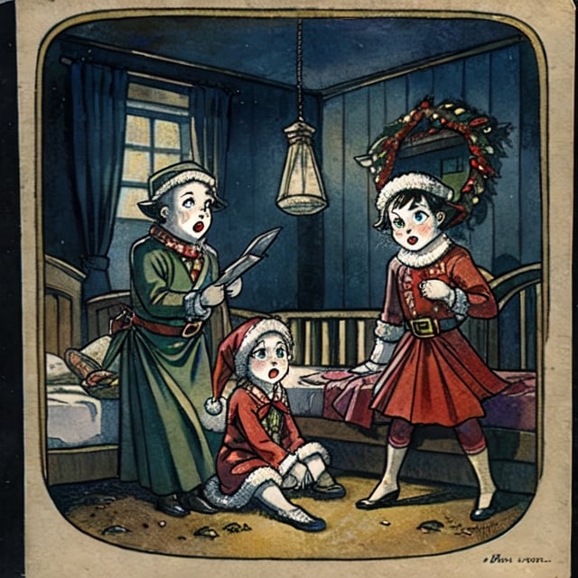 A young girl weeping at a crib in a cold and dark stone house is visited by Dickenson's three ghosts of Christmas. Vintage postcard, 1930s (style)