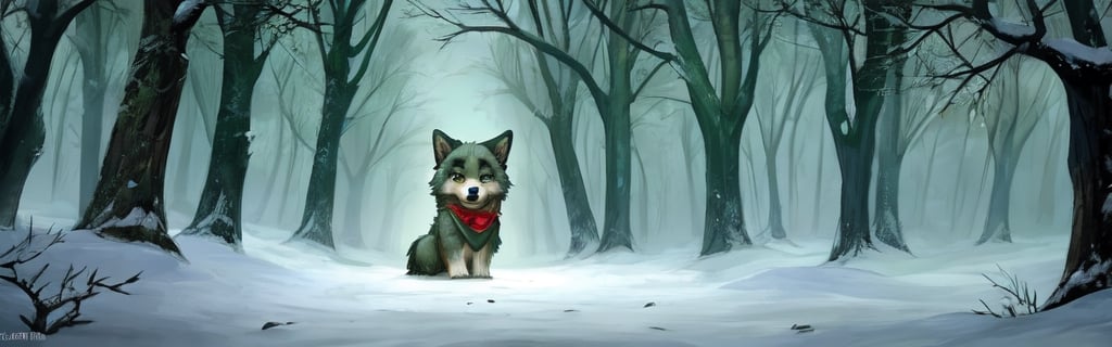 Masterpiece, A small, trembling wolf pup with shaggy fur the color of sage green, lost in a foggy and haunted snow covered forest. Its eyes dart around nervously, searching for a way out. Suddenly, it spots a graveyard in the distance, sending shivers down its spine. The pup clutches onto its old, tattered green neck bandana for comfort, but it knows it's in for a spooky adventure.,chibi