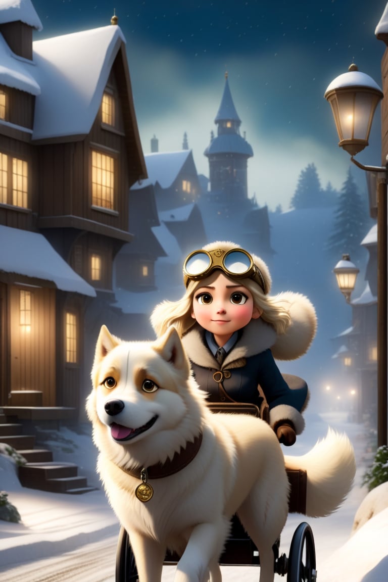 1930s (style), kawaii, chibi,
In a snow-covered mountain town in 1920s Oregon, a mysterious and dark atmosphere envelops the scene. The wheelchair-bound 12 year old Inuit witch girl, wearing aviation goggles, is being pulled through the town by a cuddly white golden retriever, their figures barely visible in the dim light. Strategically positioned in the composition, silhouettes of owls and wolves create a sense of movement and anticipation. Experimenting with different levels of motion blur, the creatures appear to glide through the air or swiftly traverse the shadows. Subtle streaks and blurs of falling snowflakes add a dynamic and immersive effect, while the whirling wind takes on a more intense and dramatic appearance. The steampunk-inspired architecture serves as a backdrop, enhancing the enigmatic allure of the scene. This captivating and atmospheric artwork blends elements of mystery, darkness, steampunk, and the natural world, creating a spellbinding tableau.,Movie Still,HZ Steampunk,Film Still