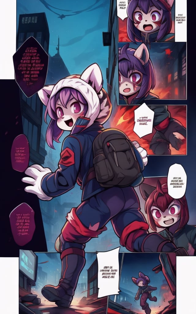 Comic, kawaii, master piece, beautiful girl in an abandoned zombie filled city, red_panda, paw_gloves, Fur_boots, animal_marking, face_paint, chocolate_hair, violet_eyes, furry_jacket,yofukashi background, zombies,hinata,1990s \(style\),kusanagi motoko,city,chundef, action_pose, battle_stance, back_pack,running,teenage , ripped_clothing, bloody_clothes, sweatpants,Circle,vectorstyle, happy_face, hungry,cammy sf6,c.c.,manga,manwha,chara-sheet,comic