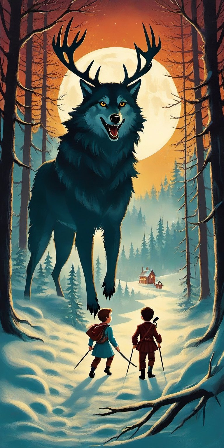 Create a captivating and whimsical 1950s movie poster for a 1920s juvenile horror/humor novel titled "The Howl of the Wendigo," part of the series "The Wolves of Blood Creek" by J.R. Ghostwood.