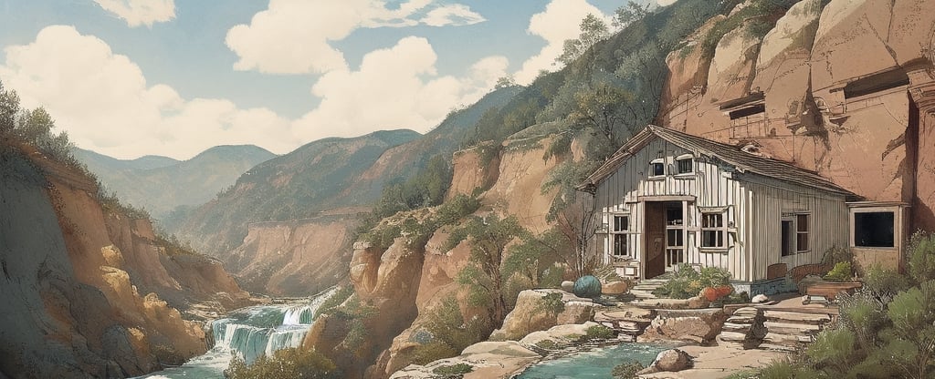 The Happy Bones Orphanage, a two-story Shotgun house with peeling paint and shattered windows, perched on the edge of a rugged canyon overlooking a cascading waterfall, kawaii, 1930s (style),isometric,ChineseWatercolorPainting,oil painting