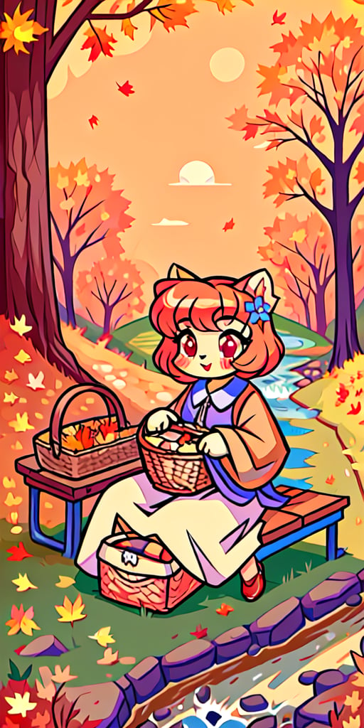 Solo_female,1930s (style), kawaii, outdoor, high_resolution, digital_art,|,a flowery field on a cool autumn afternoon next to a brook| old blankets, bench, picnic, ruck_sack, basket, sack|,vectorstyle