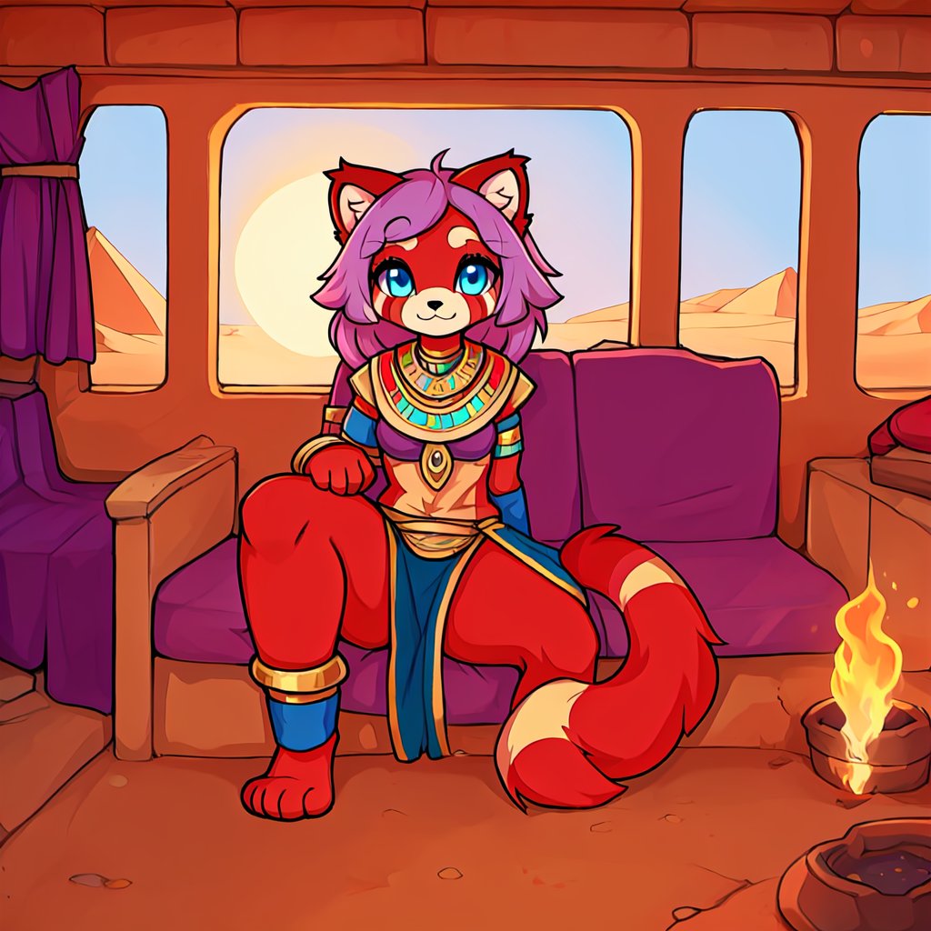 1930s (style), kawaii, inside a peaceful and relaxing small old fashion western train car, with the soft desert sun shinning softy through the front windows,  red_panda, ancient_egyptian, lavender_hair, blue_eyes, anthromorph, high_resolution, digital_art, cute_fang, golden_jewelry, messy_hair, curvy_figure, body scars, female, indoors, Red_fur, chest_fluff, relaxing, fore_paws, loin_cloth,Building_Egyptian, tunic, foot-pads, crossed_legs