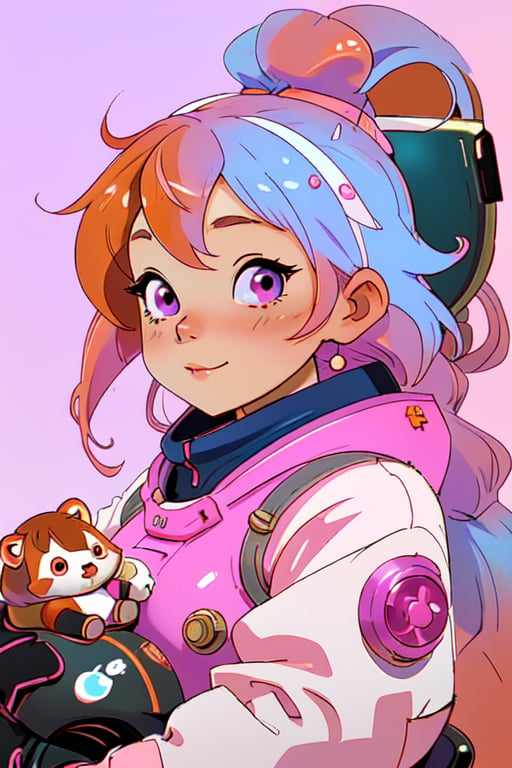 An adorable and silly female anime girl red panda in a space suite with pink hair and purple and a sci-fi brass fantastical telescope, cute, storybook illustration, white background, diesel punk. 