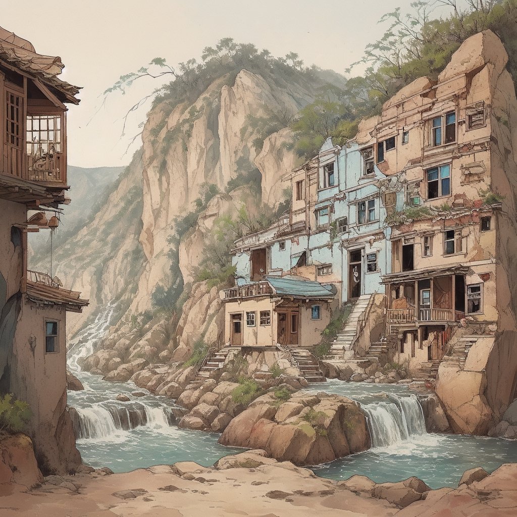 The Happy Bones Orphanage, a two-story Shotgun house with peeling paint and shattered windows, perched on the edge of a rugged canyon overlooking a cascading waterfall, kawaii, 1930s (style),isometric,ChineseWatercolorPainting