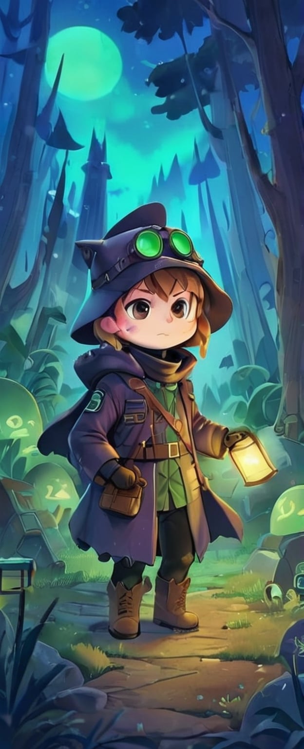 In a desolate world, a young grave digger boy roams the Bioluminescent tundra graveyard, his fur cloak and gas mask shielding him from the toxic air. With his magical miner's lantern and pick ax, he navigates the retro-future, hydro-punk landscape, reminiscent of a 1930s cartoon. But in this world, danger lurks around every corner. Will he find fortune or meet his doom on this treacherous journey?,gas mask,plague_doctor_mask ,Cybermask,3d style,chibi