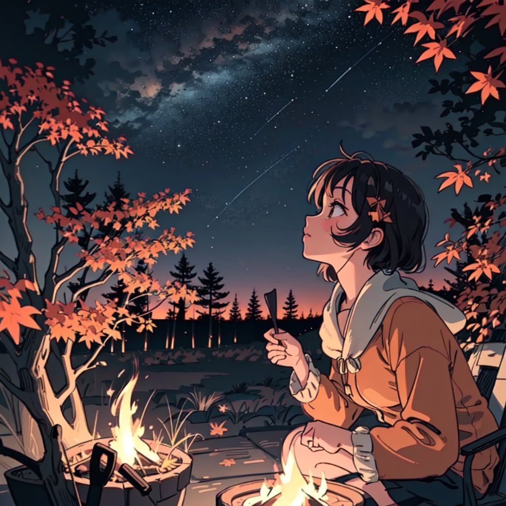 1930s (style), a loli girl roasting marshmallows over a campfire looking up at a stary night surrounded by maple trees, Sketch, autumn_leaves, star_(sky),Lofi,LOFI,cassdawnlvl1,day,EpicArt