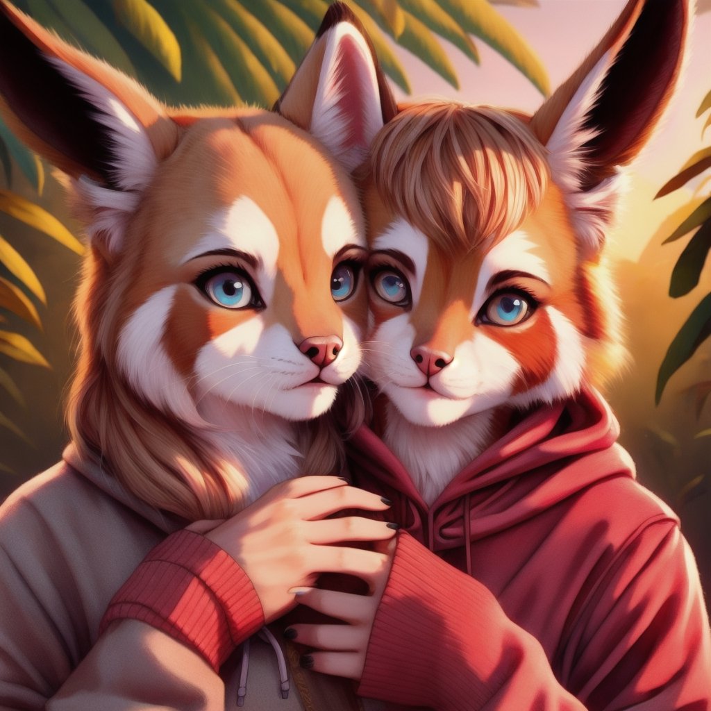 Skyrim, Girl wearing a red panda hoody,, tundrea, anthro_lynx,award winning wildlife medium shot, movie still, ultra photorealistic, photorealism, (upper front:1.4) close-up action shot of couple (king and queen ) (1girl and 1boy ) close  looking at each other in love),), cinestill, film grain, taken with hasselblad H6D 100c, the HCD 24mm lens, love mood, cinematic dramatic lighting, cold muted colors, DOF, (lush foggy jungle), sunset, sharp focus, (perfect real extremely detailed fur), amazing fine detail, absurdres, hyper realistic lifelike texture, expressive look, dramatic lighting
,behisheroine,ph_Mar properly defined fingers  perfect lip detailed nose eyes , detailed eye jewelary ,gray_fur, blue_eyes,girl wearing indian saree,ppcp,Saree,eevee