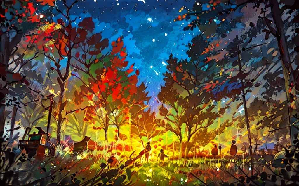 campers sitting around a campfire surrounded by fall maple trees, Sketch, autumn_leaves, star_(sky)