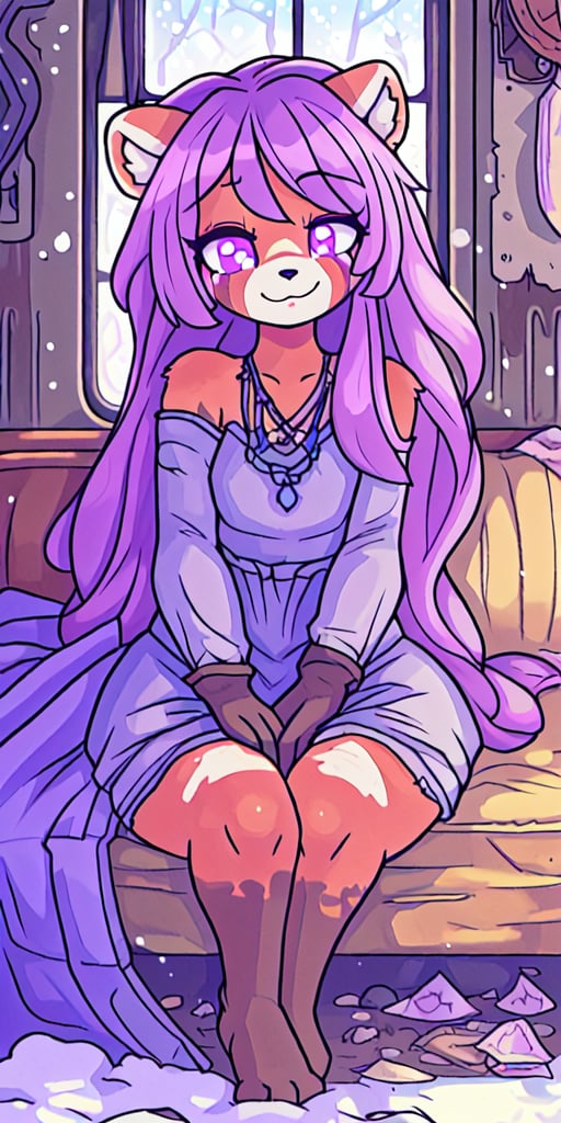 1930s (style), kawaii, female_solo ,oil_lanterns,((inside a broken down dirty,  old abandoned train car with the soft winter sun shinning softy through the front windows, old blankets, bench,old mattress,)), ((red_panda, violet_fur, long_lavender_hair, sapphire_eyes, anthromorph, cute_fang, bed_head, curvy_figure, body scars, indoors, , boho_dress, streaked_hair, sleepy, happy_face, cute, ripped_clothing, poor, winter_clothes, sack, gloves, arms_crossed,stained clothes,teenage, crossed_legs_(sitting))