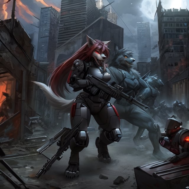 Robotic Werewolves battling a army of cyborg zombies in a deserted city, Cyborg, lycanthrope, long_hair, furry, animal_tail, anthro, zombies, surprise, fangs,sex robot,motoko2045wz, shotgun, warzone, werewolf 