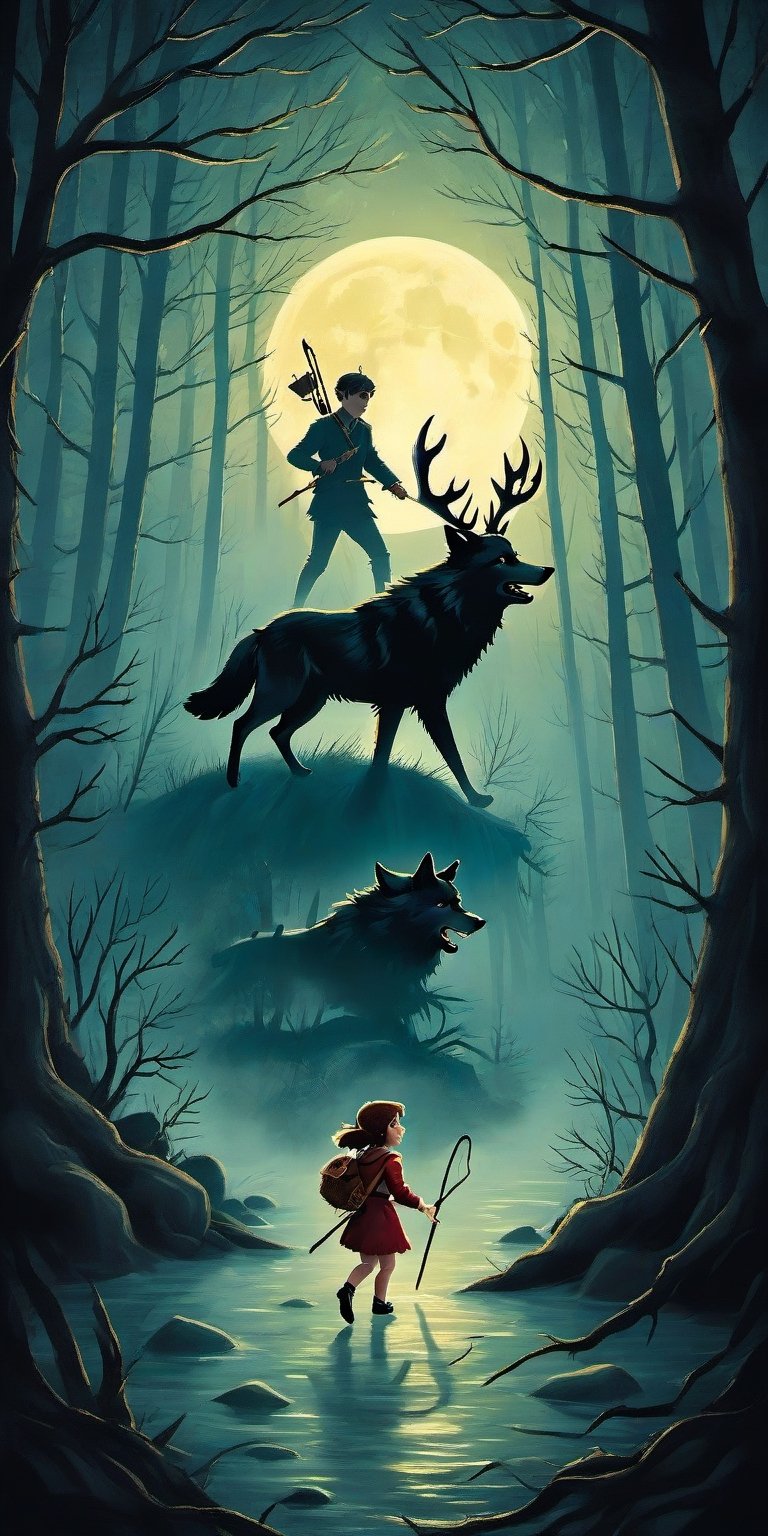 Create a captivating and whimsical 1950s movie poster for a 1920s juvenile horror/humor novel titled "The Howl of the Wendigo," part of the series "The Wolves of Blood Creek" by J.R. Ghostwood.