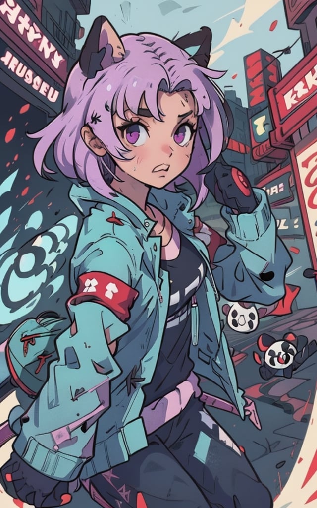 Comic, kawaii, master piece, beautiful girl in an abandoned zombie filled city, red_panda, paw_gloves, Fur_boots, animal_marking, face_paint, chocolate_hair, violet_eyes, furry_jacket,yofukashi background, zombies,hinata,1990s \(style\),kusanagi motoko,city,chundef, action_pose, battle_stance, back_pack,running,teenage , ripped_clothing, bloody_clothes, sweatpants,Circle,vectorstyle, happy_face, hungry,cammy sf6,c.c.,manga,manwha,chara-sheet