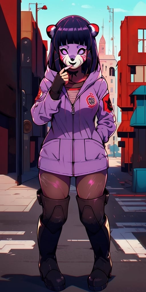 beautiful girl in an abandoned town, red_panda, paw_gloves, Fur_boots, animal_marking, face_paint, chocolate_hair, violet_eyes, furry_jacket,yofukashi background, zombies,hinata