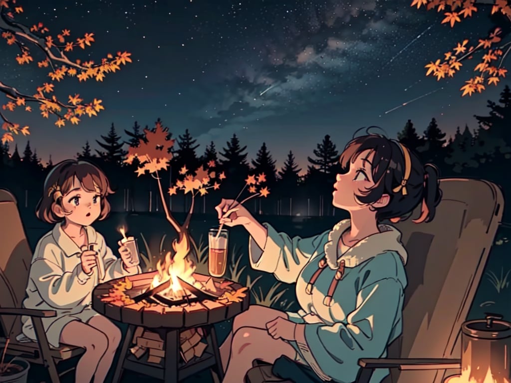 1930s (style), a girl roasting marshmallows over a campfire looking up at a stary night surrounded by maple trees, Sketch, autumn_leaves, star_(sky),Lofi,LOFI,cassdawnlvl1,day,EpicArt