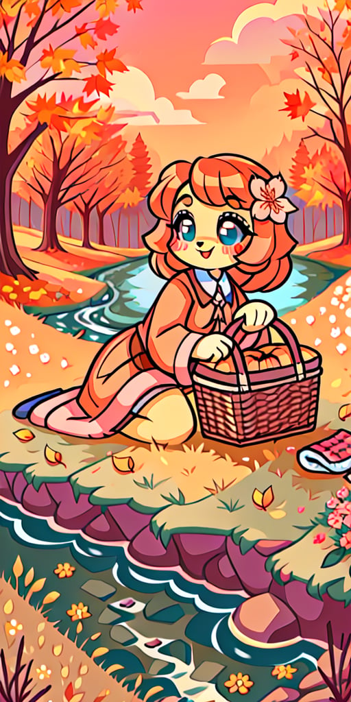 Solo_female,1930s (style), kawaii, outdoor, high_resolution, digital_art,|,a flowery field on a cool autumn afternoon next to a brook| old blankets, bench, picnic, ruck_sack, basket, sack|,vectorstyle