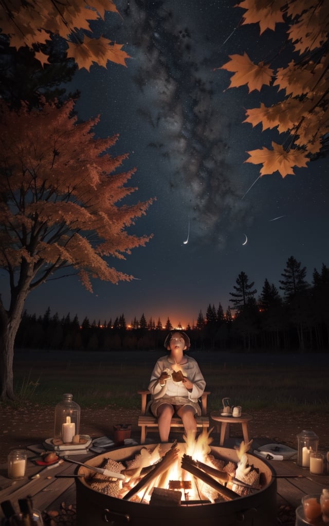 1930s (style), a loli girl roasting marshmallows over a campfire looking up at a stary night surrounded by maple trees, Sketch, autumn_leaves, star_(sky),Lofi,LOFI,cassdawnlvl1,day,EpicArt