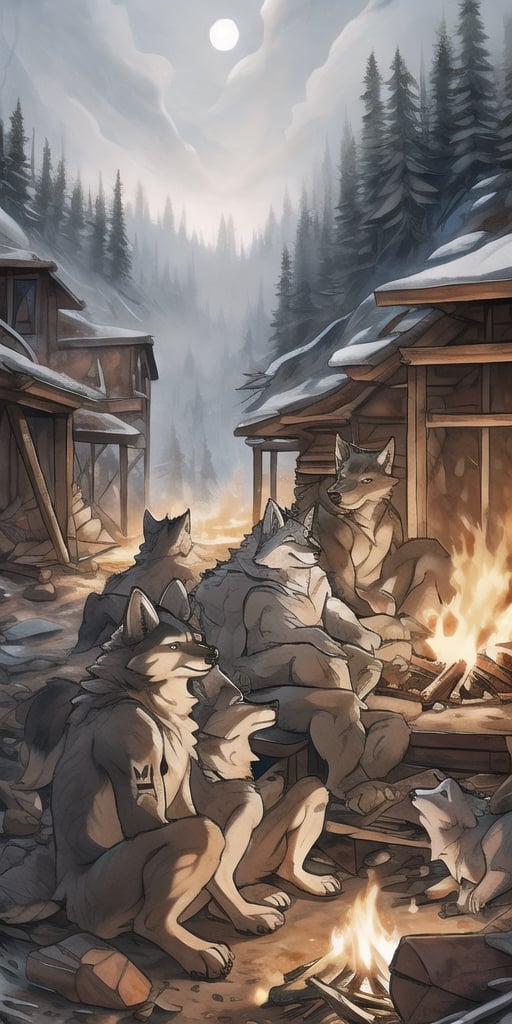 A pack of wolves sitting around a fire in an abandoned mining town surrounded by evergreens, with native American markings, indian art, non-furry