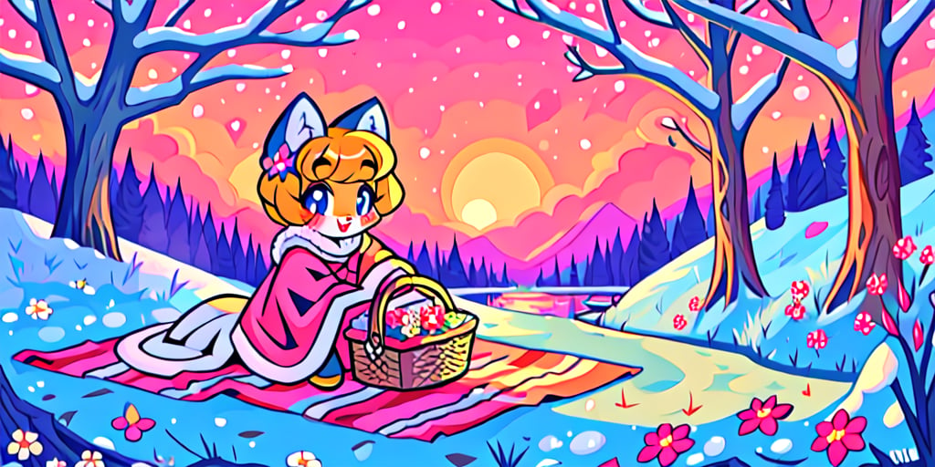 Solo_female,1930s (style), kawaii, outdoor, high_resolution, digital_art,|,a flowery field on a cold winter afternoon next to a brook| old blankets, bench, picnic, ruck_sack, basket, sack|,vectorstyle