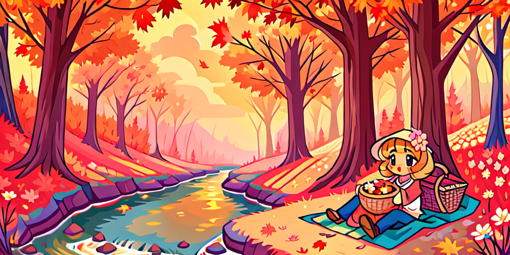 Solo_female,1930s (style), kawaii, outdoor, high_resolution, digital_art,|,a flowery field on a cool autumn afternoon next to a brook| old blankets, bench, picnic, ruck_sack, basket, sack|,vectorstyle