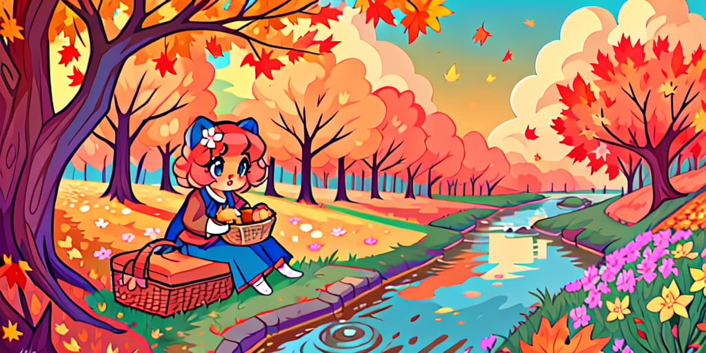 Solo_female,1930s (style), kawaii, outdoor, high_resolution, digital_art,|,a flowery field on a cool autumn afternoon next to a brook| old blankets, bench, picnic, ruck_sack, basket, sack|,vectorstyle