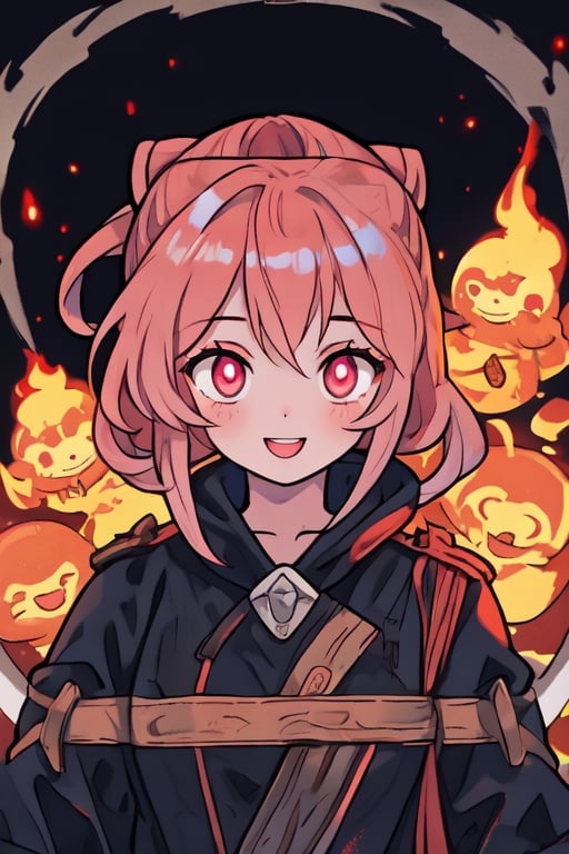 a cute and cheerful female Welsh 13th-century grave digger during the black plague with short strawberry blonde hair and ponytails and glowing ember eyes casting ghostly fire magic with an old magical miners lamp, in a haunted mountain town. Anime Cartoon