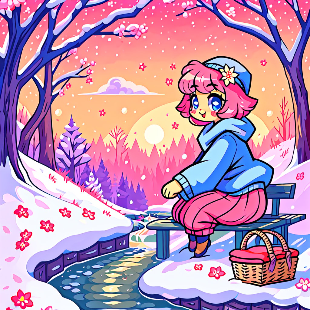 Solo_female,1930s (style), kawaii, outdoor, high_resolution, digital_art,|,a flowery field on a cold winter afternoon next to a brook| old blankets, bench, picnic, ruck_sack, basket, sack|,vectorstyle