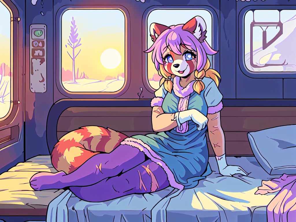 1930s (style), kawaii, female_solo ,oil_lanterns,((inside a broken down dirty,  old abandoned train car with the soft winter sun shinning softy through the front windows, old blankets, bench,old mattress,)), ((red_panda, long_lavender_hair, sapphire_eyes, anthromorph, cute_fang, bed_head, curvy_figure, body scars, indoors, violet_fur, boho_dress, streaked_hair, sleepy, happy_face, cute, ripped_clothing, poor, winter_clothes, sack, gloves, arms_crossed,stained clothes, rags ,teenagee)),