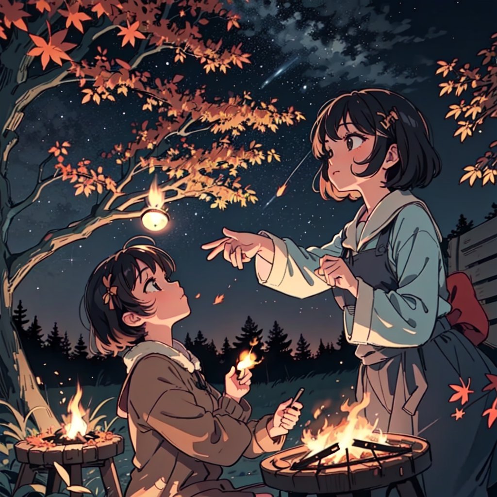 1930s (style), a loli girl roasting marshmallows over a campfire looking up at a stary night surrounded by maple trees, Sketch, autumn_leaves, star_(sky),Lofi,LOFI,cassdawnlvl1,day,EpicArt