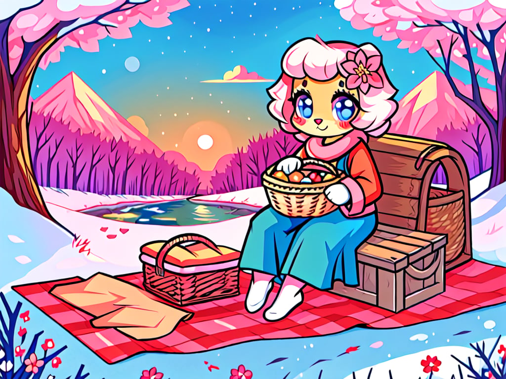 Solo_female,1930s (style), kawaii, outdoor, high_resolution, digital_art,|,a flowery field on a cold winter afternoon next to a brook| old blankets, bench, picnic, ruck_sack, basket, sack|,vectorstyle