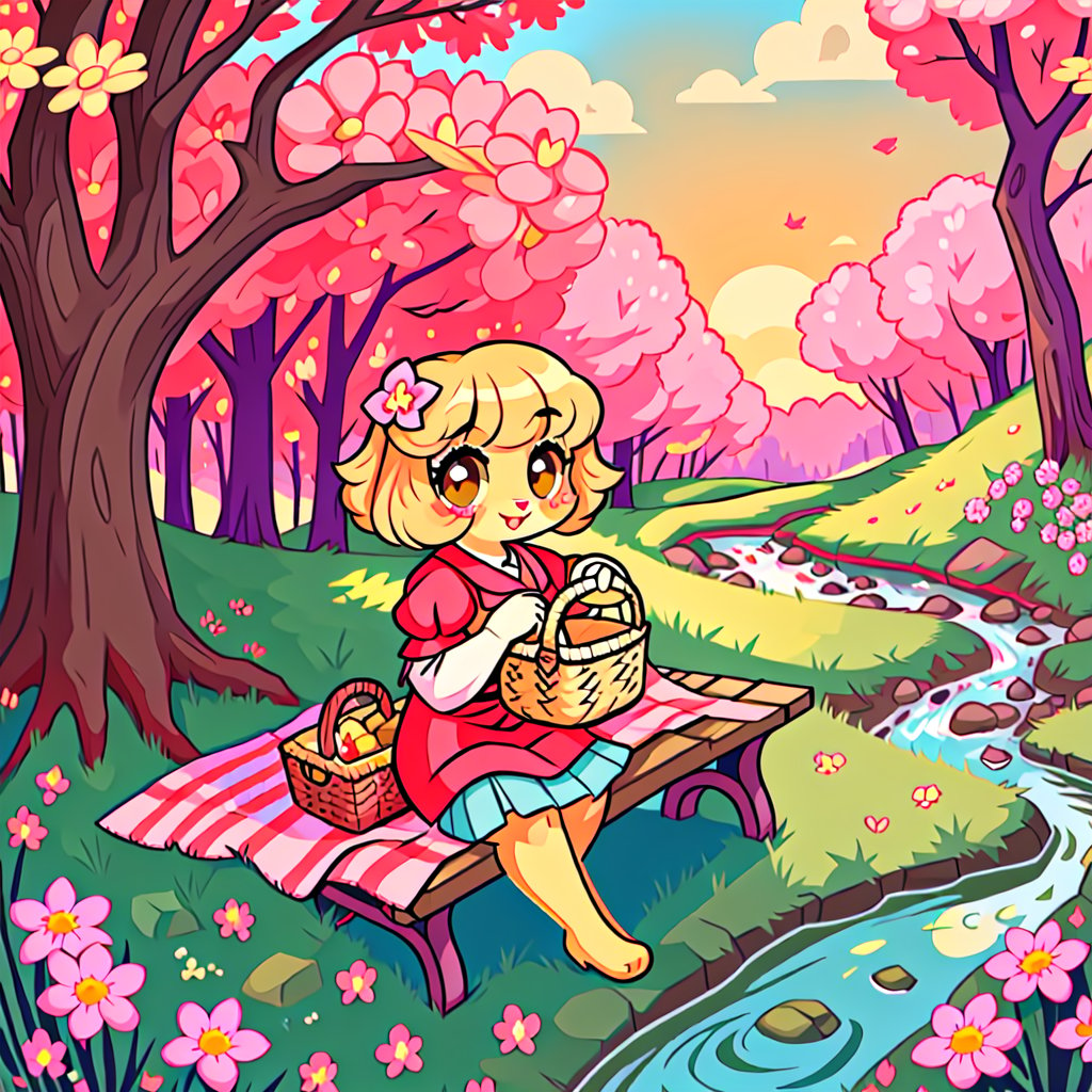 Solo_female,1930s (style), kawaii, outdoor, high_resolution, digital_art,|,a flowery field on a cool spring afternoon next to a brook| old blankets, bench, picnic, ruck_sack, basket, sack|,vectorstyle