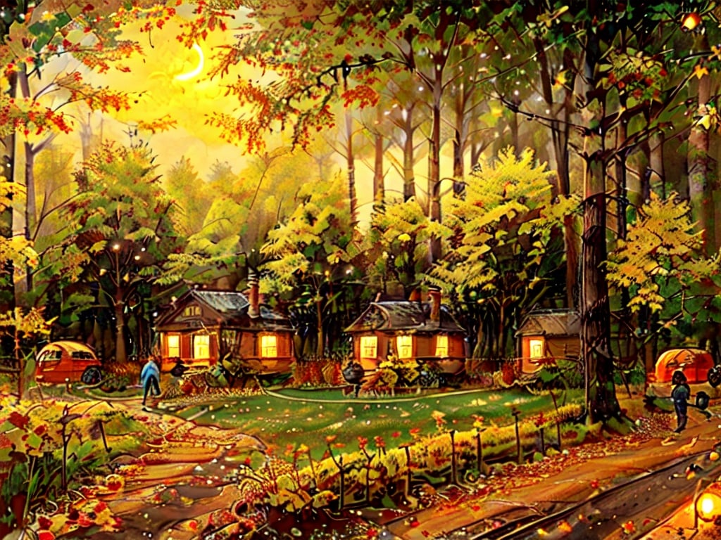 1930s (style),a cabins;s surrounded by fall maple trees on a star-filled  night Sketch, autumn_leaves, star_(sky),Lofi,LOFI,cassdawnlvl1,day,EpicArt