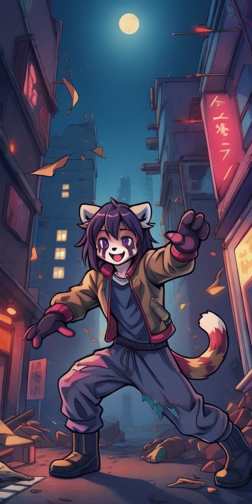 1930s (style), Comic, kawaii, master piece, beautiful boy in an abandoned zombie filled city, red_panda, paw_gloves, Fur_boots, animal_marking, face_paint, chocolate_hair, violet_eyes, furry_jacket,yofukashi background, zombies,hinata,1990s \(style\),kusanagi motoko,city,chundef, action_pose, battle_stance, back_pack,running,teenage , ripped_clothing, bloody_clothes, sweatpants,Circle,vectorstyle, happy_face, hungry,cammy sf6,c.c.,manga,manwha,chara-sheet, animal_tail