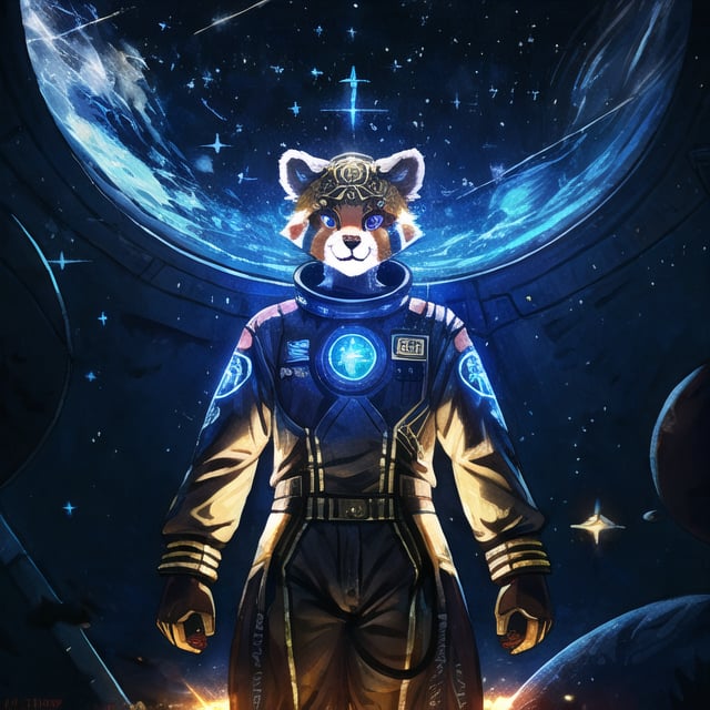 Galali, a male kawaii furry suit of a red panda golden retriever hybrid with glowing celestial constellation markings fully body portray wearing a bohemian space suit, with Sami symbolism embroidered on his shirt, surrounded by the dieselpunk space station orbiting Uranus, complex lighting and shadows, Cute and fluffy, Brass jewelry, shiny, sunlight fractal details, depth of field, detailed gorgeous face, Sci-Fi environment, natural body posture, professional photographer, captured with professional DSLR camera, 64k, ultra-detailed, ultra-accurate detailed, bokeh lighting, surrealism, ultra unreal engine, intricate, epic,fantasy_princess,Circle,outfit